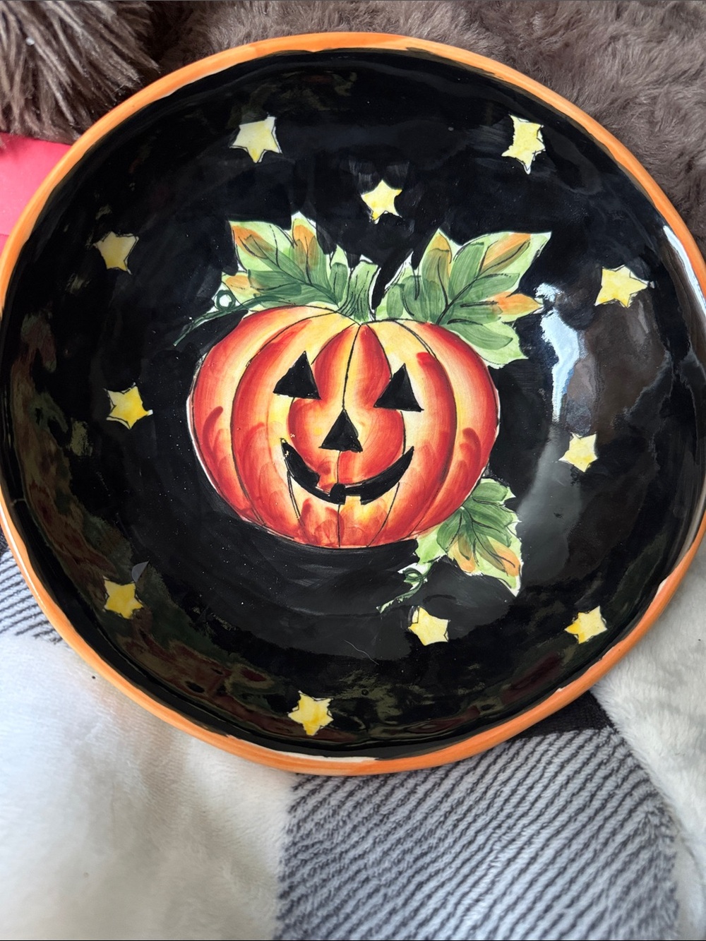 Harvest Hand-Painted Halloween Jack-O'-Lantern Ceramic Bowl